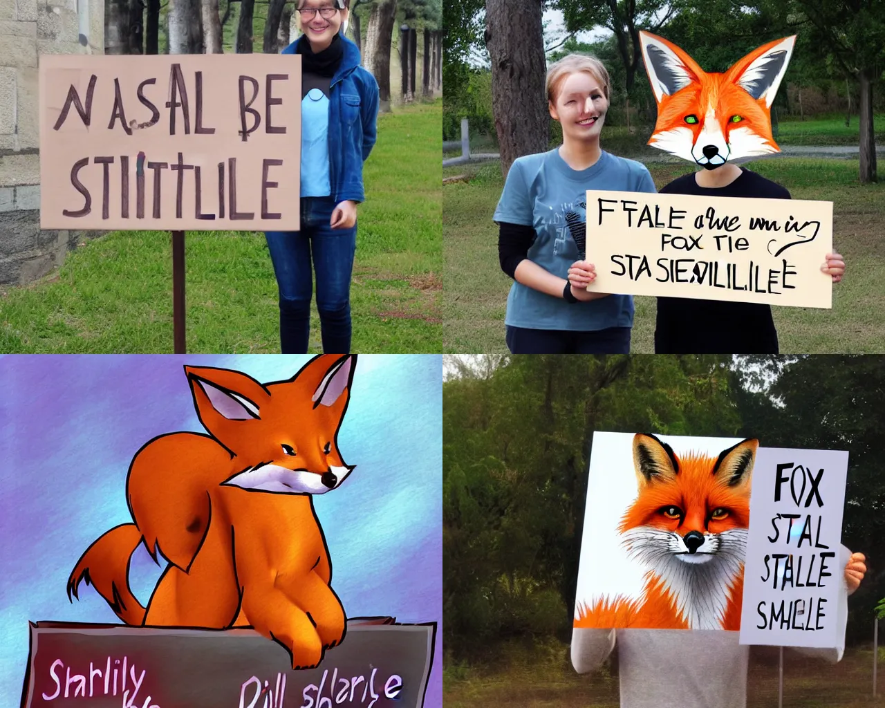 Prompt: A fox holding a sign that says Stable Diffusion, smiling, digital art, art by silverfox5213