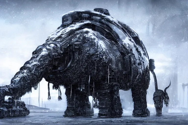 Image similar to an intricate futuristic black steam train and a giant mammoth, post - apocalyptic ice landscape in snowstorm, concept art, artstation, highly detailed, digital art