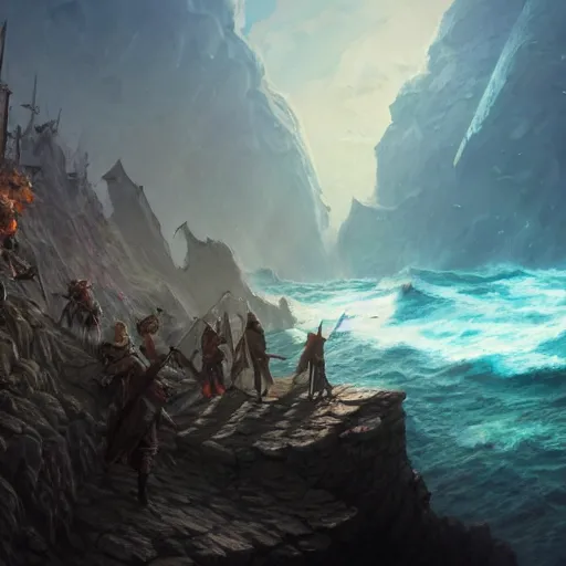 Image similar to D&D adventuring party facing away on cliff overlooking shipwreck, naval background, portrait, magic the gathering artwork, D&D, fantasy, cinematic lighting, centered, symmetrical, highly detailed, digital painting, artstation, concept art, smooth, sharp focus, illustration, volumetric lighting, epic Composition, 8k, art by Akihiko Yoshida and Greg Rutkowski and Craig Mullins, oil painting, cgsociety