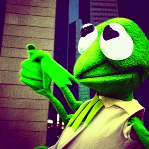 Image similar to kermit the frog selfie in front of world trade center twin towers, phone camera, selfie, green muppet, new york city, downtown, posing