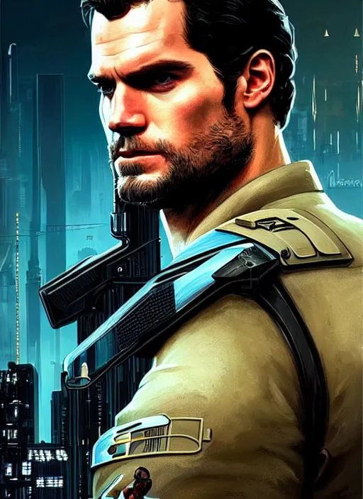Image similar to portrait of Henry Cavill as a soldier character in Cyberpunk 2077, looking at camera, intricate, elegant, sci-fi, extremely detailed, digital painting, artstation, concept art, smooth, sharp focus, illustration, ambient lighting, incredible art by artgerm and greg rutkowski and alphonse mucha and simon stalenhag