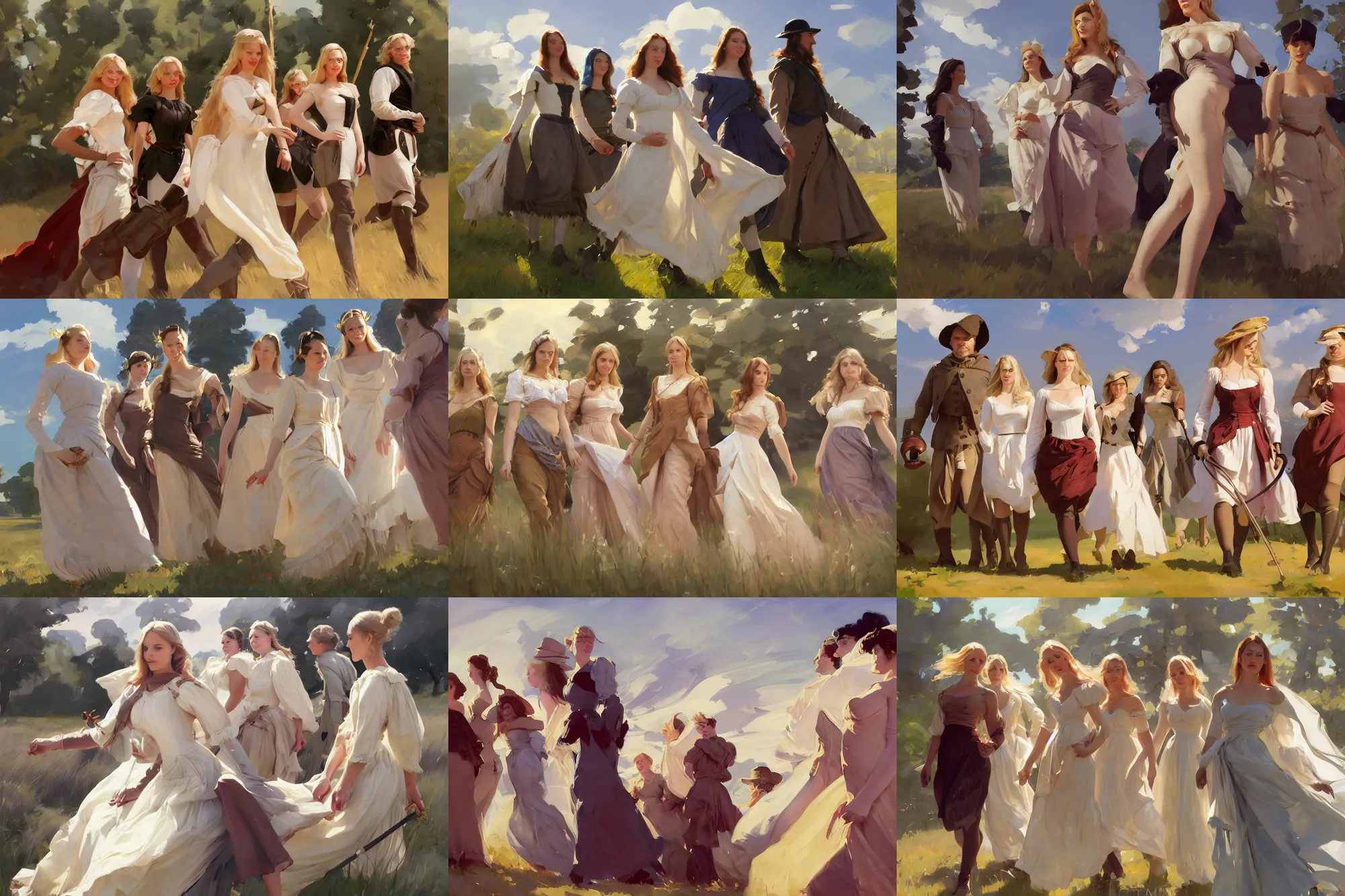 Prompt: five of beautiful finnish norwegian swedish scandinavian attractive glamour models wearing 1 7 th century mantua with low neckline walking in the field in a sunny day, jodhpurs greg manchess painting by sargent and leyendecker, studio ghibli fantasy close - up shot asymmetrical intricate elegant matte painting illustration hearthstone, by greg rutkowski by greg tocchini by james gilleard