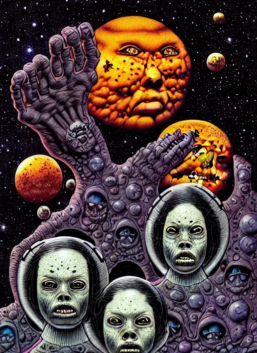 Prompt: detailed image of a creepy family in the deep space by richard corben, by Katsuhiro Otomo, rich deep colors. masterpiece . intricate artwork, cinematic, hyper realism, high detail, unreal engine, 8k, Smooth gradients, High contrast, depth of field, Vibrant colors, very coherent symmetrical artwork. clean ink detailed line drawing, intricate detail, extremely detailed.