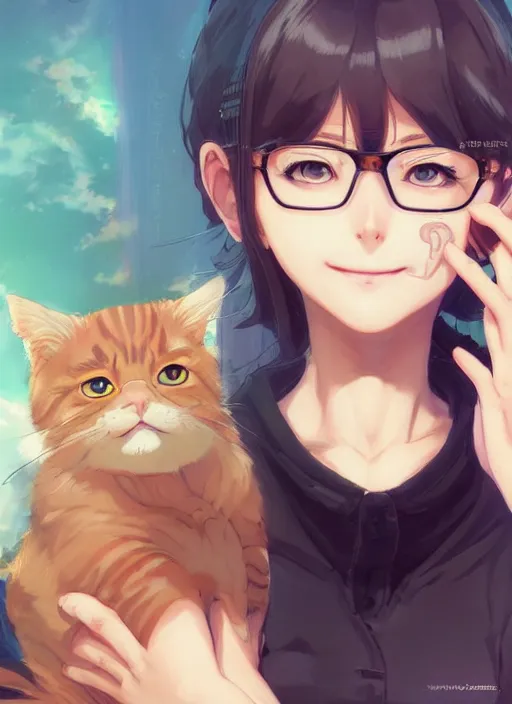 Prompt: anime portrait of one smiling lady wearing eyeglasses with a cat by wlop, loish, ilya kuvshinov, makoto shinkai, and artgerm, elegant, vivid colors, hyperdetailed artistic lines, intricate, in the style of borderlands, artstation, 8 k, centered composition