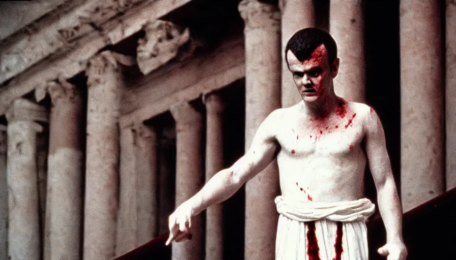 Image similar to 1 9 6 0 s movie still close - up of caligula in a white toga bleeding heavy on ancient stairs, cinestill 8 0 0 t 3 5 mm, high quality, heavy grain, high detail, dramatic light, anamorphic