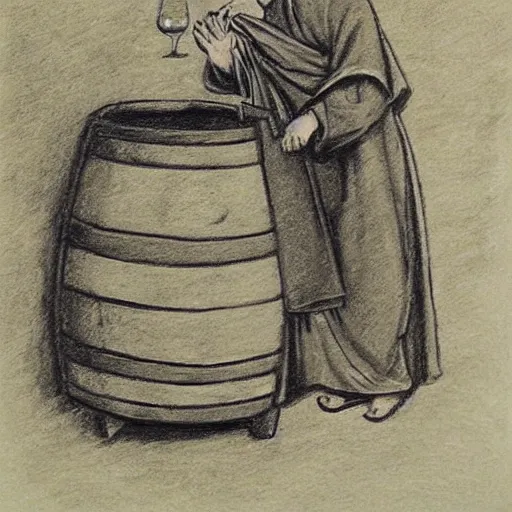 Image similar to charcoal sketch of a monk drinking wine next to a barrel, medieval style