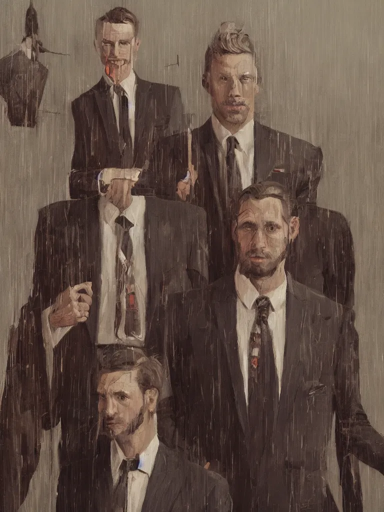 Image similar to a portrait of men in suits with tie in a painting from stalenhag, 4 k, 8 k, hdr, artstation, concept art