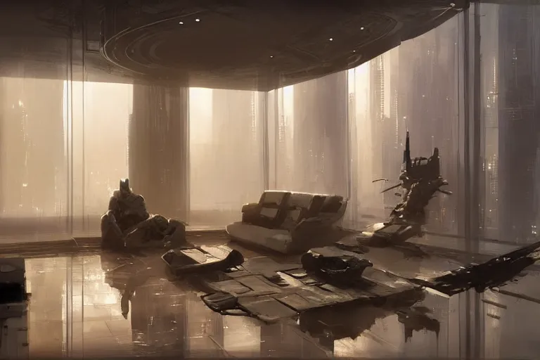 Image similar to futuristic apartment interior, intricate, elegant, highly detailed, john park, craig mullins, sparth, ruan jia, jeffrey catherine jones