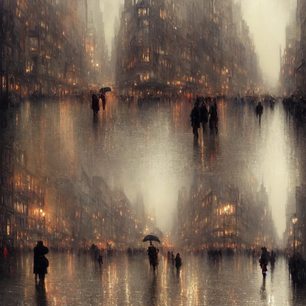 Prompt: a beautifull intricate city, wet sidewalk, people, reflections, raindrops, high details, art by william turner, by greg rutkowski and by alphonse mucha, trending on artstation, extremely detailed, masterpiece