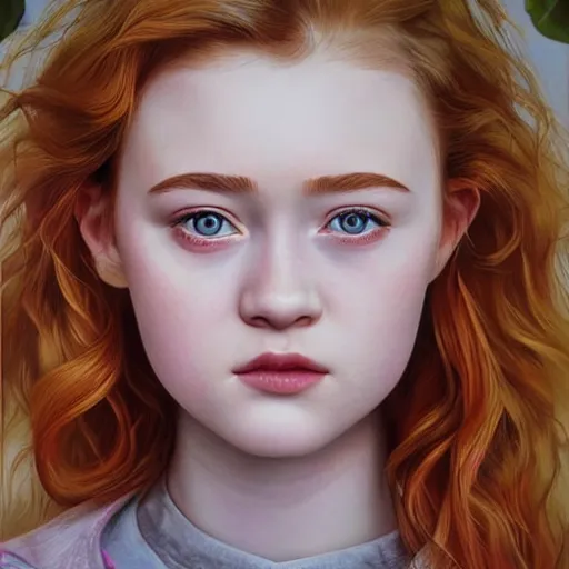 Image similar to portrait of a hybrid of julia garner and sadie sink, photo realistic, highly detailed, perfect face, art by artgerm