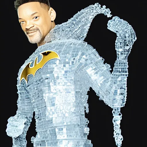 Image similar to will smith as iceman, clear ice, human sculpture, freezing gold, mr freeze, style if batman animated series