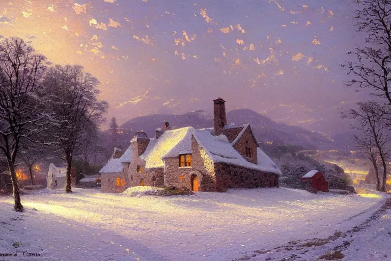 Prompt: one french stone house in the distance, winter snow, farmland, 1 8 5 9, soft lighting from windows, by thomas kinkade