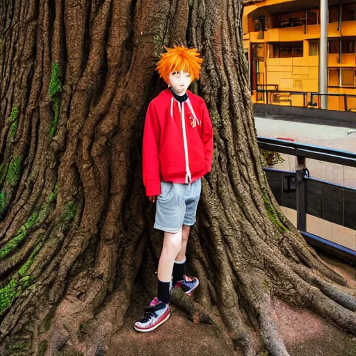 Image similar to orange - haired anime boy, 1 7 - year - old anime boy with wild spiky hair, wearing red jacket, standing under treehouse in city plaza, urban plaza, large tree, ultra - realistic, sharp details, subsurface scattering, godrays, intricate details, hd anime, 2 0 1 9 anime