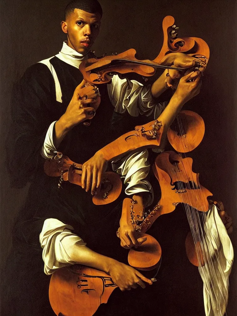 Image similar to a masterpiece portrait of stromae as a bard with a mandolin by caravaggio, epic composition, epic light, exquisite details, dark mood,