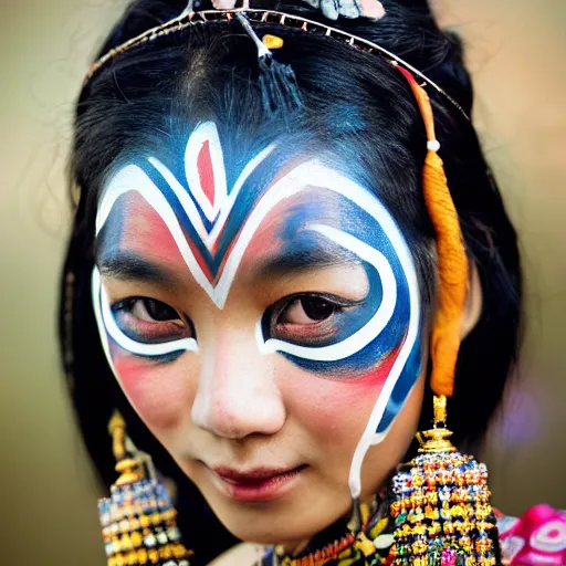 Image similar to portrait of a stunningly beautiful asian tribal female, small amount of traditional facepainting, depth of field, zeiss lens, detailed, symmetrical, centered, fashion photoshoot, by alphonse mucha, Annie Leibovitz and Steve McCurry, David Lazar, Jimmy Nelsson, Breathtaking, 8k resolution, extremely detailed, beautiful, establishing shot, artistic, hyperrealistic, beautiful face, octane render