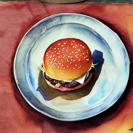 Prompt: cheeseburguer on a plate, kseniia yeromenko, rob duenas, watercolor, illustration, highly detailed