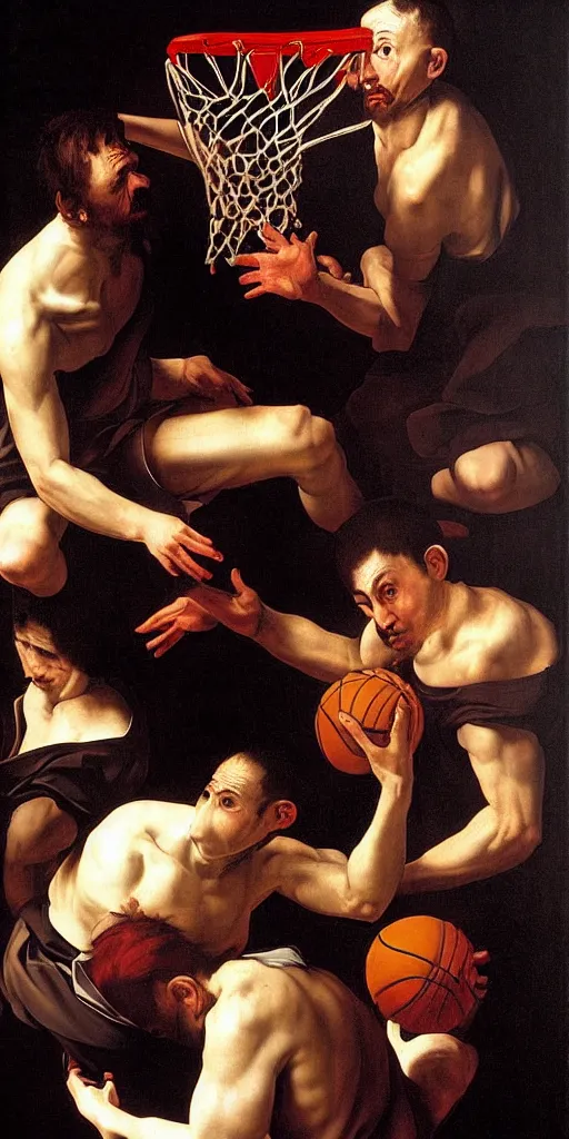 Prompt: beautifully detailed baroque oil painting of a one-on-one basketball game in prison by caravaggio