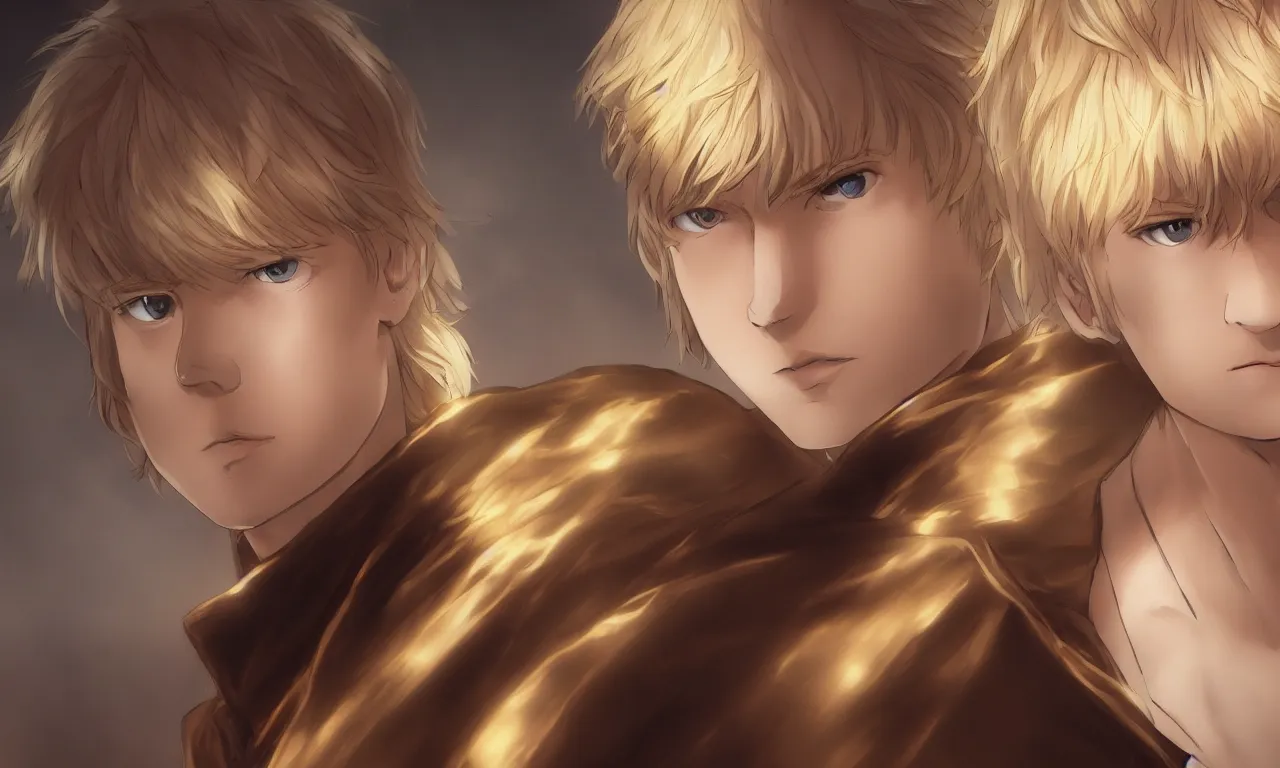 Image similar to solo portrait of blonde boy with golden eyes wearing a brown cape, anime screenshot, mappa studio artstyle, hyper realistic, pale skin, 4 k, rule of thirds, extreme detail, detailed drawing, trending artstation, hd, fantasy, realistic lighting, sharp focus, backlit,