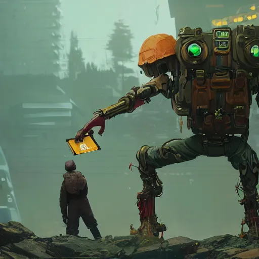 Image similar to pepe holding loot box, wadim kashin, simon stalenhag, featured in artstation, octane render, cinematic, elegant, intricate