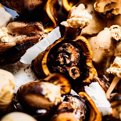 Image similar to a photograph of a clump of ice cream cones growing out of the cavity in a roast turkey like mushrooms. Shallow depth-of-field