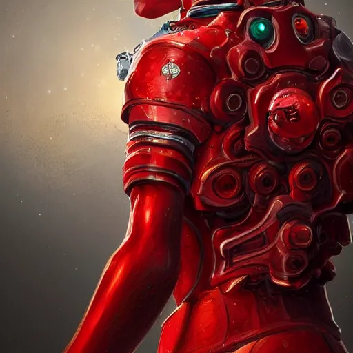 Prompt: detailed art on artstation, portrait of a benevolent post-human super-intelligence, the marshall values justice and courage, dressed in red clothes with a crystalline neural lace