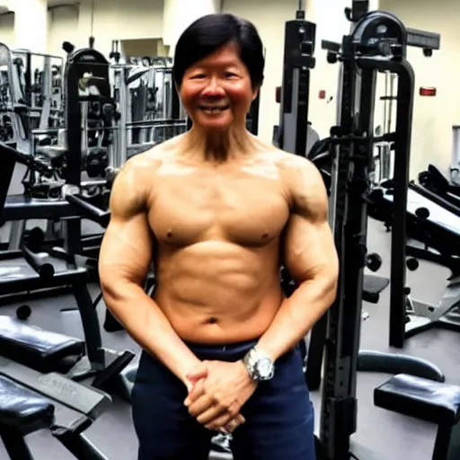 Image similar to bongbong marcos as gigachad flexing at the gym, muscular, on steroids,