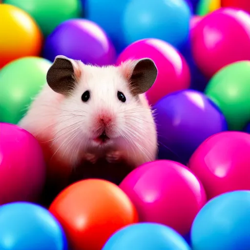 Image similar to pink hamster having fun in colorful balls, realistic photography, warm colours, marc caro and jean - pierre style, high quality image, 4 k, hyper detailed
