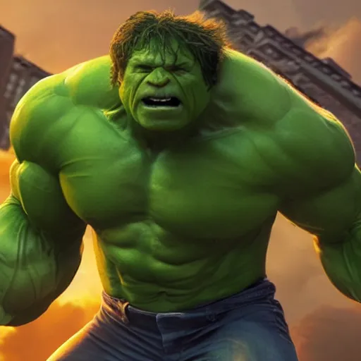 Image similar to limmy brian limond as the incredible hulk, realistic, wide shot, sunny lighting, octane render, hyper realistic, high quality, highly detailed, hd, beautiful, cinematic, 8 k, unreal engine, facial accuracy,