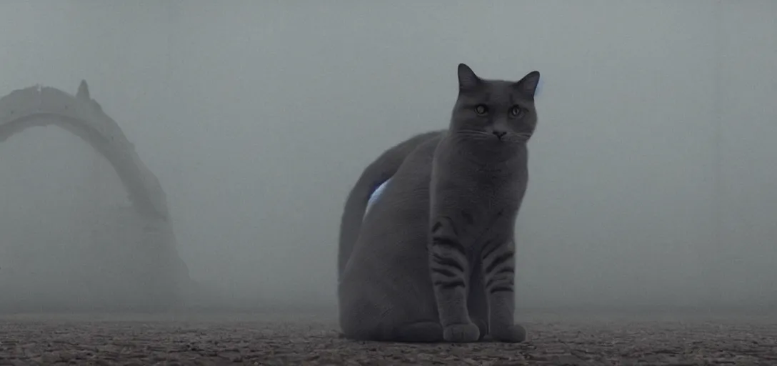 Prompt: an cat in the shape of a skull, foggy, cinematic shot, photo still from movie by denis villeneuve, wayne barlowe