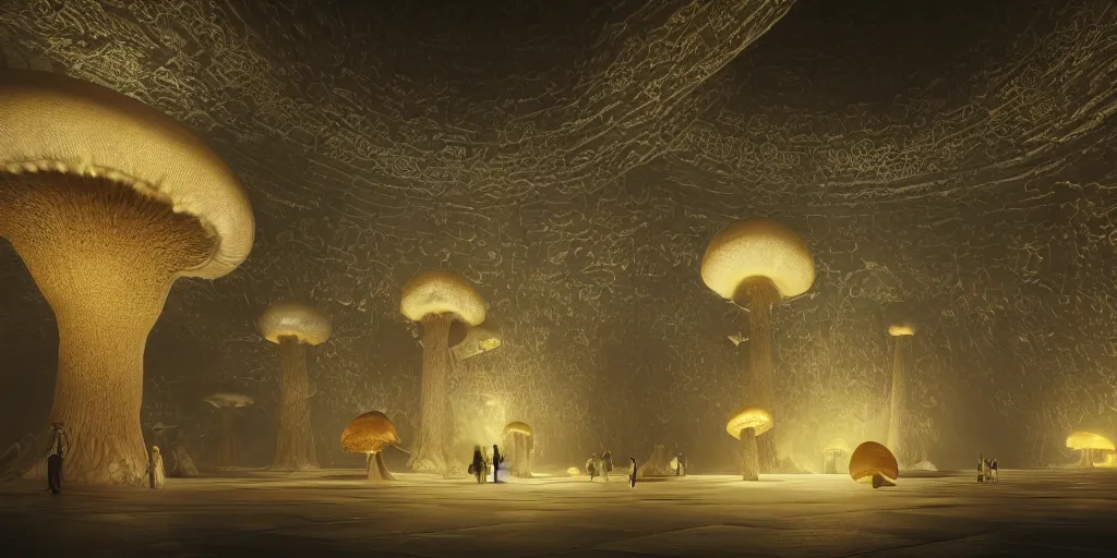 Prompt: Photorealistic exterior of Istiqlal mosque bulit in giant glowing mushroom underworld dark cave, people and androids wearing traditional japanese clothing. photorealism, UHD, amazing depth, glowing, golden ratio, 3D octane cycle unreal engine 5, volumetric lighting, cinematic lighting, cgstation artstation concept art