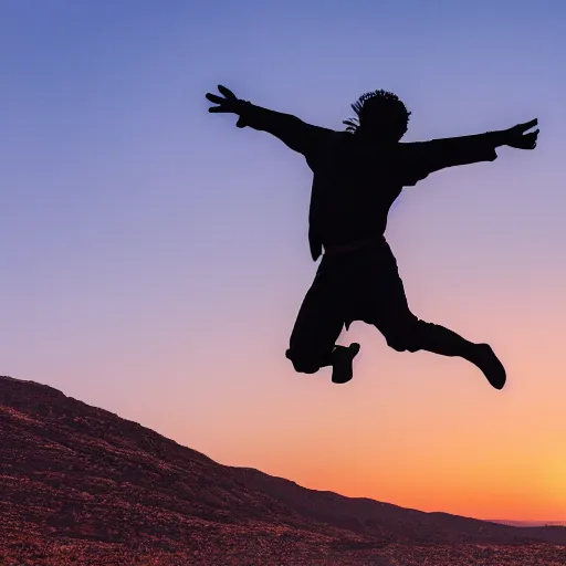 Prompt: cinematic still of silhouette of man in Biblical clothing jumping for joy, beautiful middle eastern landscape with sunrise behind, Biblical epic movie directed by Steven Spielberg