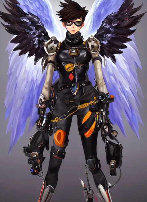 Image similar to full body oil painting of tracer overwatch, angel wings, dramatic painting, symmetrical composition, wearing detailed leather collar, black shiny armor, chains, black harness, detailed face and eyes,