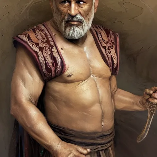 Prompt: A beautiful digital painting of a 60 year old man with middle eastern skin and Biblical clothing, short hair, hairy arms, tunic covering his body, by Stanley Artgerm Lau, frank frazetta, Rossdraws, James Jean, gerald brom, Andrei Riabovitchev, Marc Simonetti, and Sakimichan, trending on artstation, SFW version