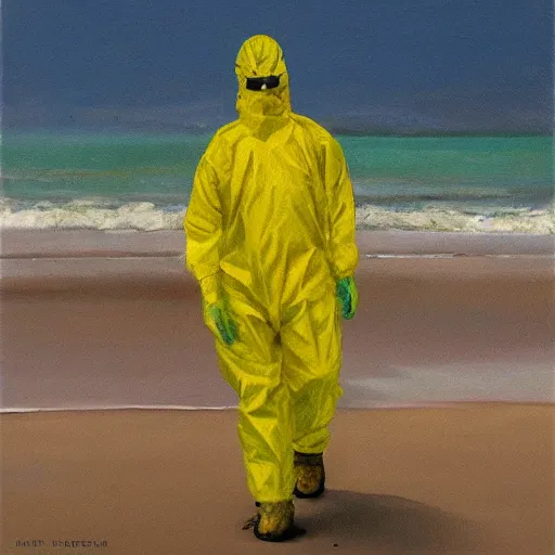 Prompt: a man in a yellow hazmat walking on an abandoned beach, oil painting