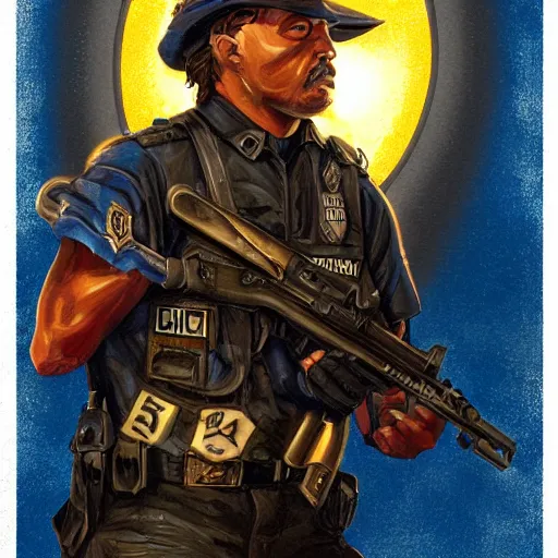 Prompt: american police tarot card, digital painting, ultradetailed, artstation, oil painting, ultradetailed, artstation