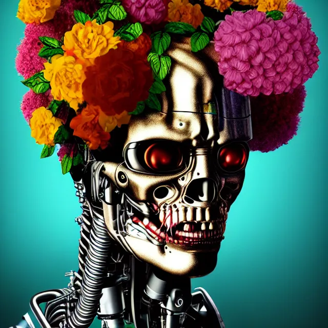 Image similar to bizarre surreal renaissance portrait of the terminator with a a flower afro made out of various flowers, eating flowers, dramatic cinematic lighting, bold colors, 8 k, beautiful intricate painting, hyper realistic, octane render