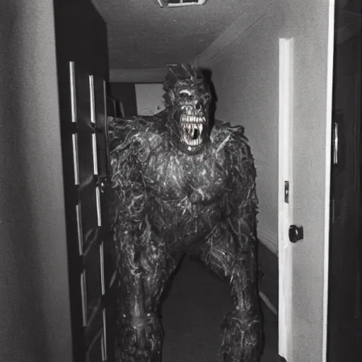 Image similar to grainy photo of an nfl linebacker as a creepy monster in a closet, harsh flash