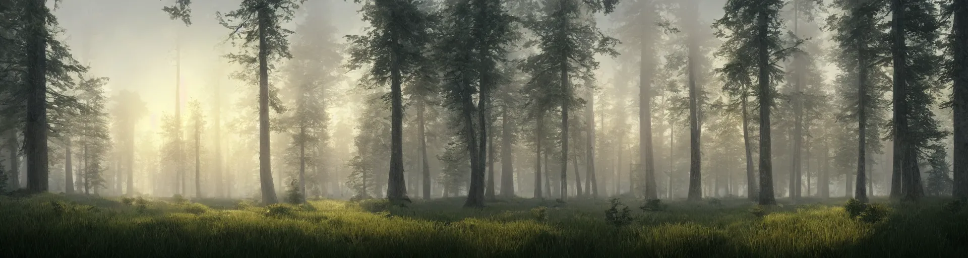 Prompt: beautiful render of a landscape, unreal engine, first light, foggy forest, tree tops, pine tree, field, lush grass, beautiful sunrise, soft light, by greg rutkowski, cgsociety