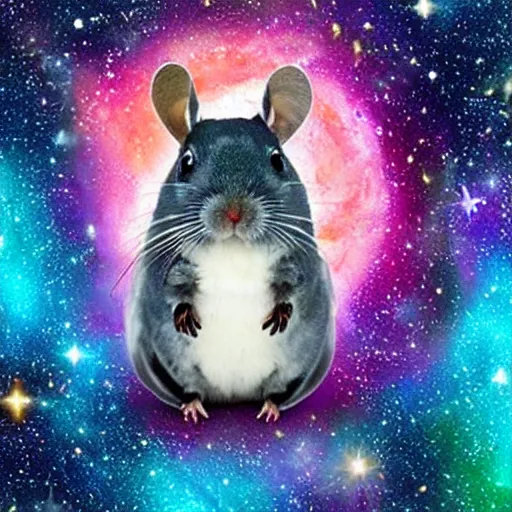 Image similar to chinchilla with mean look in space with galaxy in background, rainbow jellybeans under chinchilla's tail