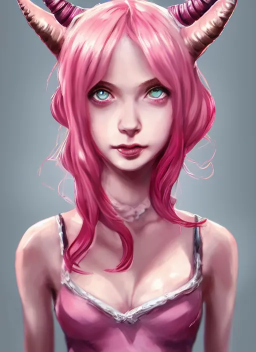 Image similar to a highly detailed illustration of cute smug pink haired pale girl with horns wearing pink dress, dramatic smirk pose, intricate, elegant, highly detailed, centered, digital painting, artstation, concept art, smooth, sharp focus, league of legends concept art, wlop.