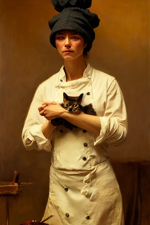 Image similar to a portrait of a cat dressed as a cook, high detail, cleary see face, by gaston bussiere, bayard wu, greg rutkowski, odd nerdrum, maxim verehin, dan dos santos, masterpiece, sharp focus, cinematic lightning