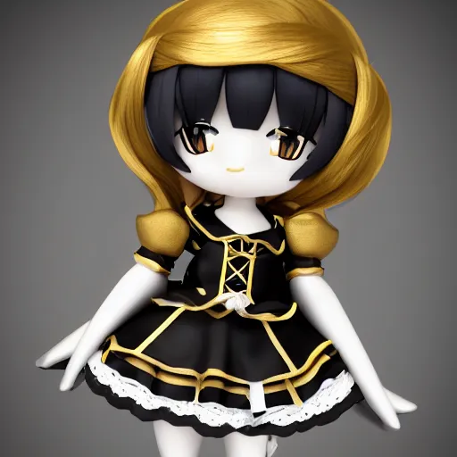 Image similar to cute fumo plush of a gothic maiden in a gold and black uniform, laces and ribbons, soft shadow, anime girl, vray, white frame