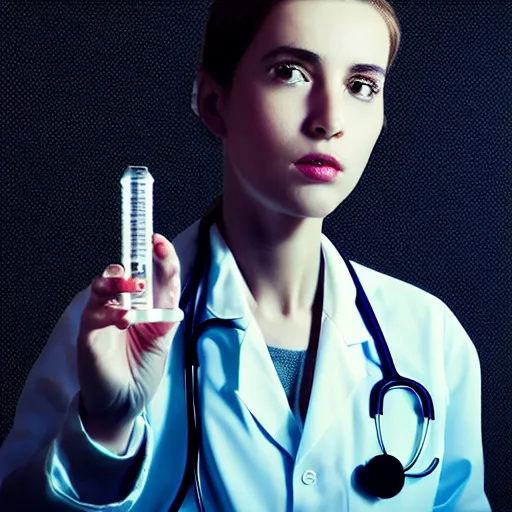 Prompt: portrait beautiful fantastic cyberpunk style doctor scientist using test tubes