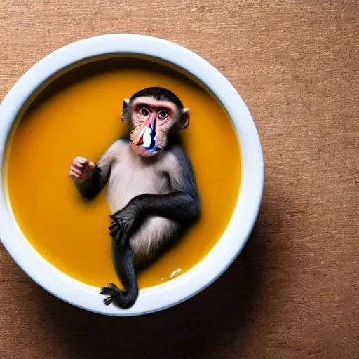 Image similar to a monkey swiming in a bowl of soup