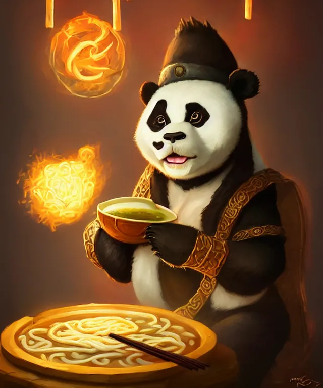 Image similar to a portrait an anthropomorphic panda mage eating ramen, wearing mage robes, restaurant in background, cute and adorable, dnd character art portrait, well rendered matte fantasy painting, deviantart artstation, by jason felix by steve argyle by tyler jacobson by peter mohrbacher, cinematic lighting