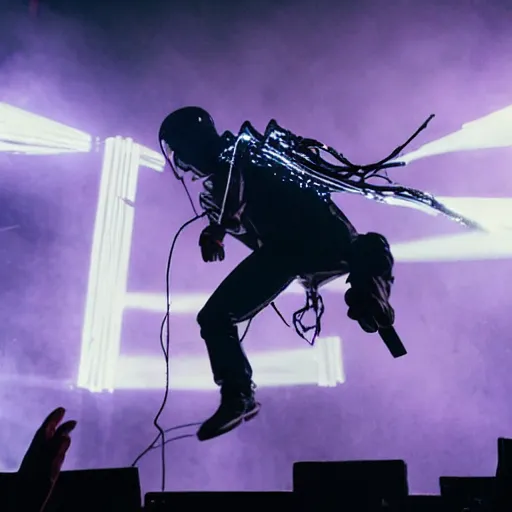 Image similar to Jumping Trent Reznor smashing guitars, group of people on stage playing instruments, elaborate stage effects, dust, smoke, giant LED screens, colored projections, ultrafine detail, cybersuit, glowing thin wires, smoke, high contrast, projections, holography, volumetric lighting