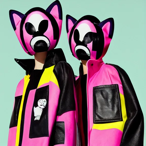 Prompt: two models in plastic cat masks wearing baggy colorful 9 0 s jackets by rick owens. magazine ad. pastel brutalist background.