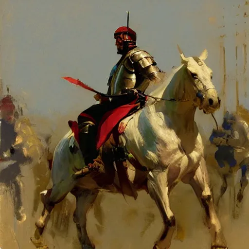 Image similar to portrait of man on horseback holding jousting lance, caparisons, by greg manchess, bernie fuchs, ruan jia, walter everett