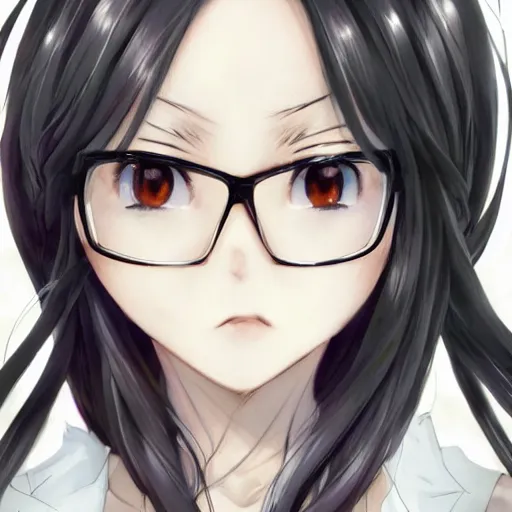 Prompt: anime young woman with long black hair, with glasses, silk dress, very detailed eyes, full body, windswept, waifu, choker, elegant, highly detailed, anime style, by artgerm, wlop, rossdraws, james jean, andrei riabovitchev, marc simonetti, sakimichan, trending on artstation, hd, 4 k