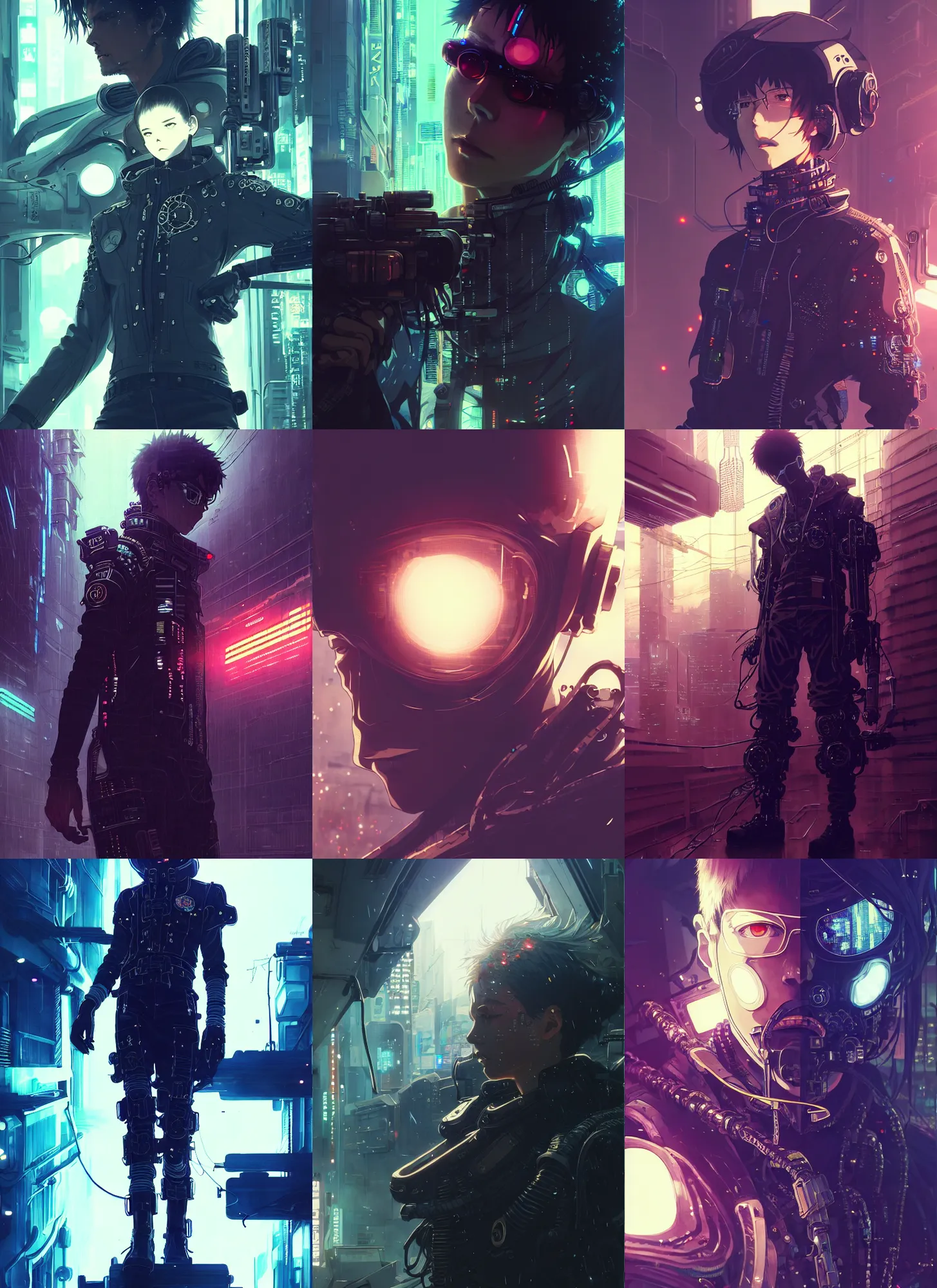 Prompt: by kyoto animation, very cool space cowboy wearing cyberpunk intricate techwear, beautiful, detailed portrait, intricate complexity, cell shaded, 4 k, concept art, by wlop, ilya kuvshinov, artgerm, krenz cushart, greg rutkowski, pixiv. cinematic dramatic atmosphere, sharp focus, volumetric lighting, cinematic lighting, studio quality